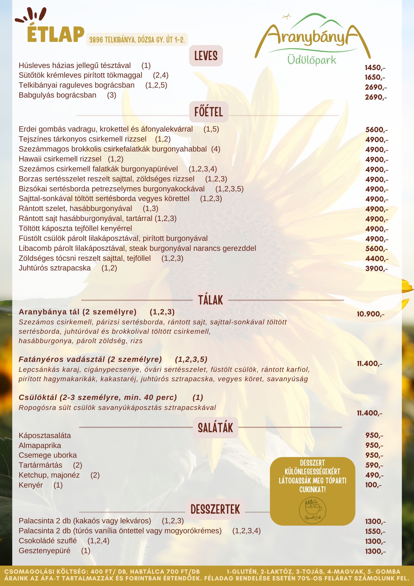 Telkibánya étterem étlap