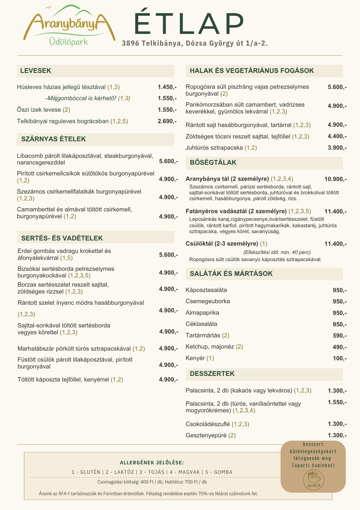 Telkibánya étterem étlap