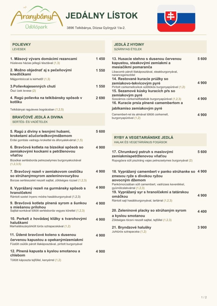 Telkibánya étterem étlap
